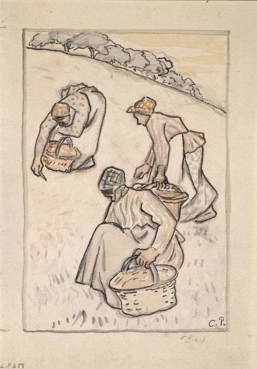 Mulheres capinando a grama (caneta e nanquim com wc sobre carvão no papel) de Camille Jacob Pissarro