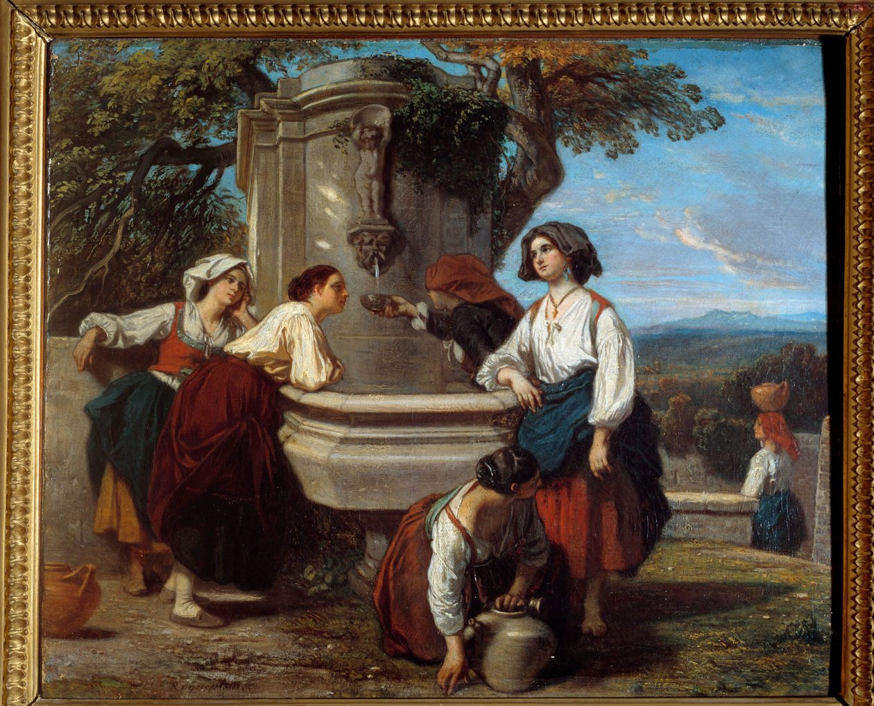 Ossaloises na fonte Agricultores do vale do Ossau reúnem-se para discutir na fonte. Pintura por Camille Roqueplan (1803-1855) de Camille Joseph Etienne Roqueplan