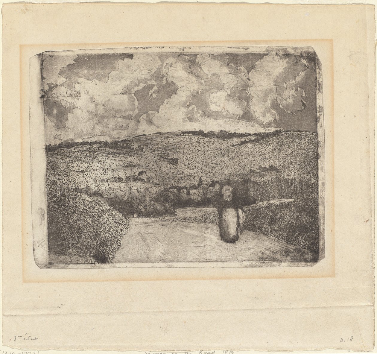 Uma mulher caminhando por uma estrada rural (La Femme sur la Route) de Camille Pissarro