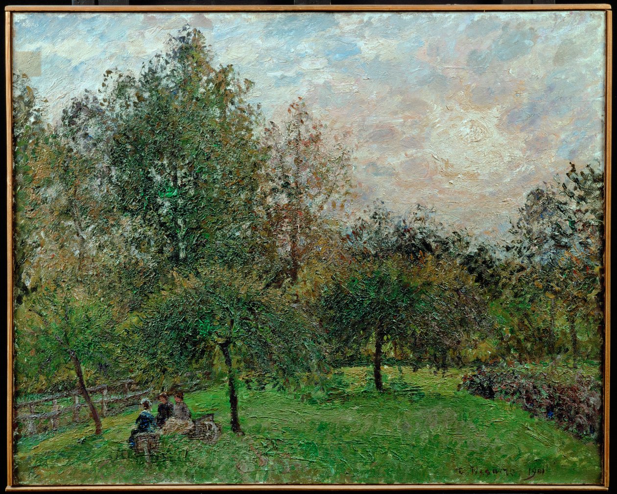 Macieiras e choupos num pôr do sol de Camille Pissarro