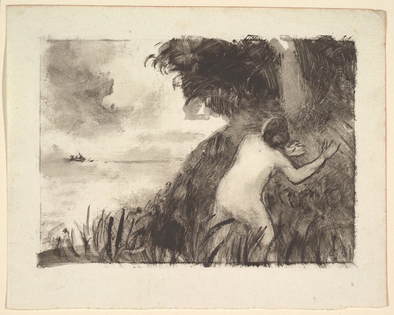 Banhista em pé entre gramíneas na costa, ca. 1894 de Camille Jacob Pissarro