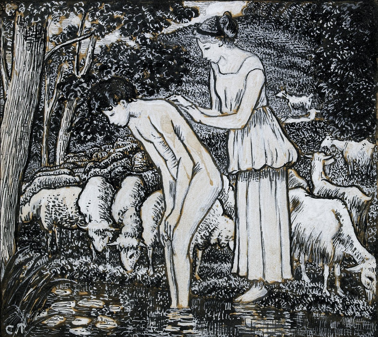 Chloë lavando Daphnis em um riacho, estudo composicional para uma ilustração, c1895 de Camille Pissarro