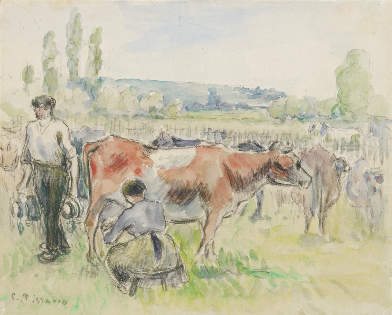 Estudo da composição de uma cena de ordenha em Eragny-sur-Epte, 1884 de Camille Pissarro