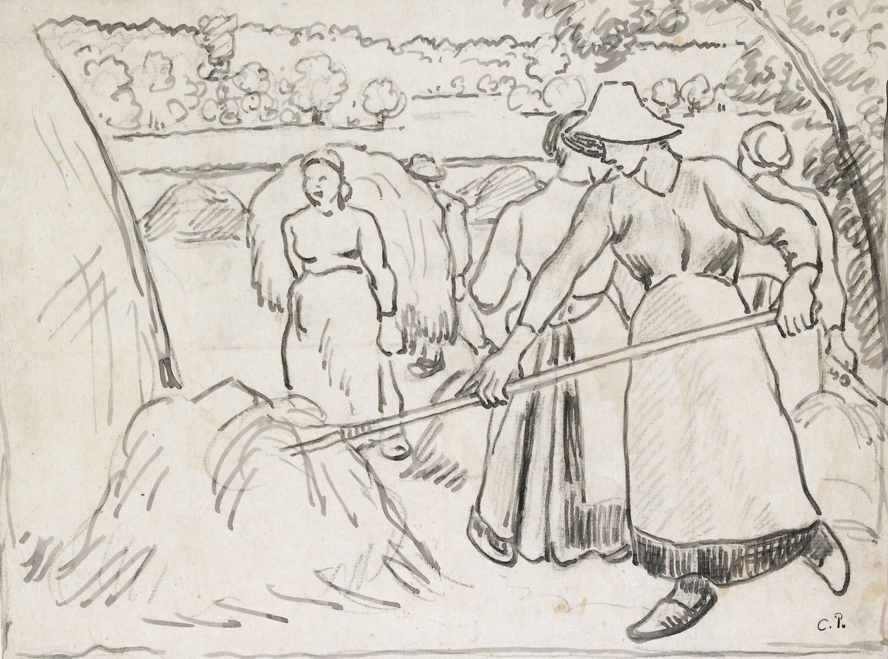 Estudo composicional de colheitadeiras em uma paisagem, c1893 de Camille Pissarro