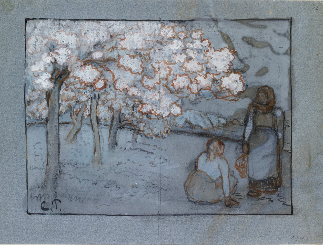 Estudo composicional de duas camponesas conversando em um pomar, c1894 de Camille Pissarro