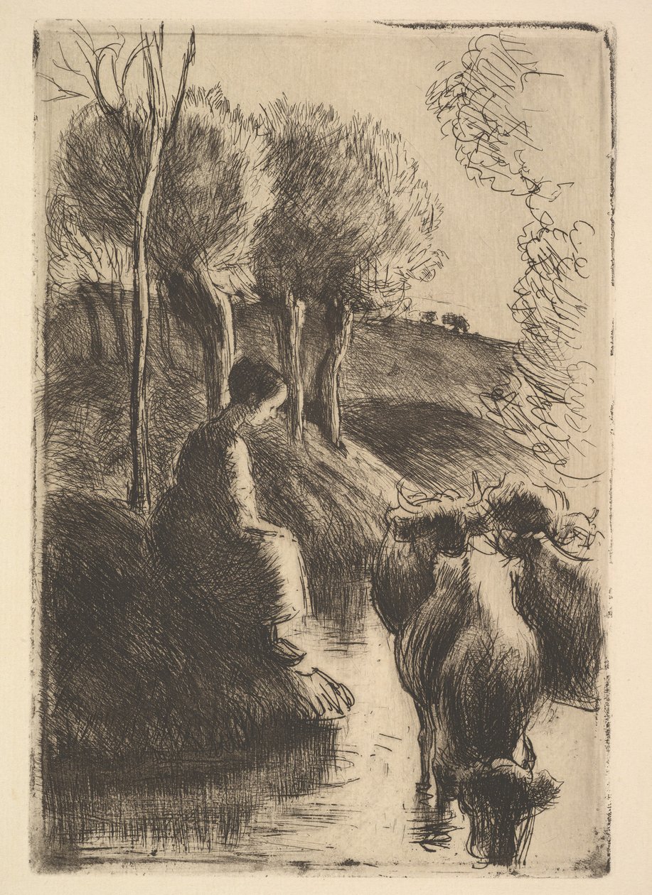 Cowherd, em Waters Edge, 1890. de Camille Jacob Pissarro