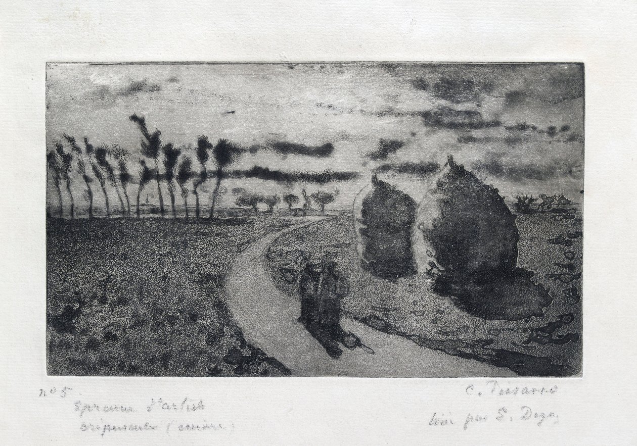 Crepúsculo com palheiros, 1879 de Camille Pissarro