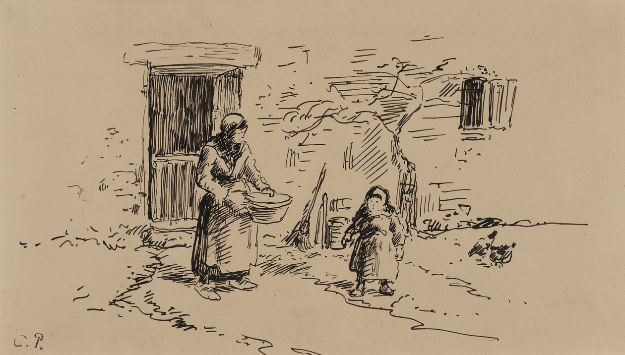 Cena de quinta (caneta e tinta sobre papel) de Camille Pissarro