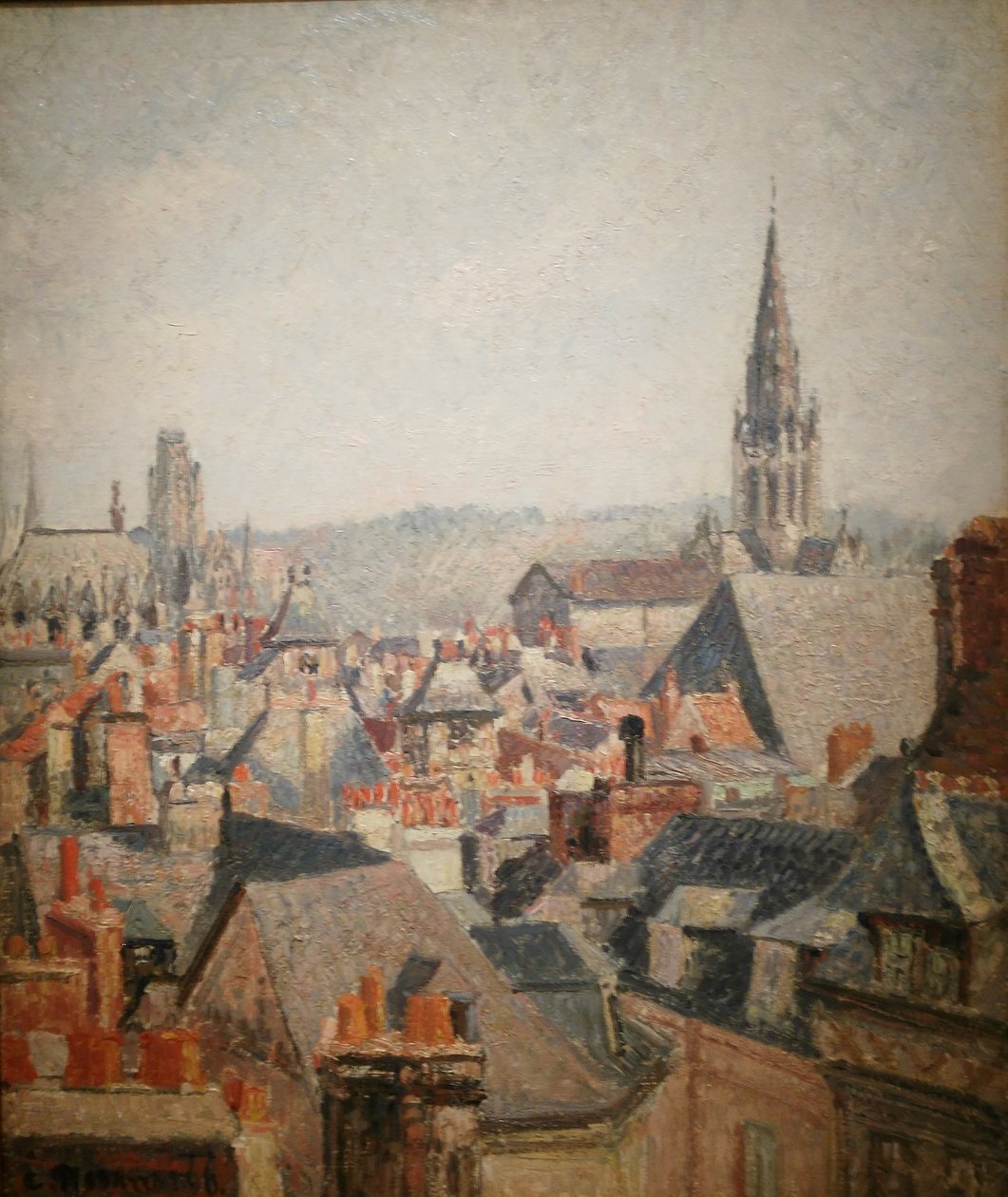 Francês: Les toits du vieux Rouen, soleil
Alemão: Telhados da cidade velha de Rouen ao sol de Camille Pissarro