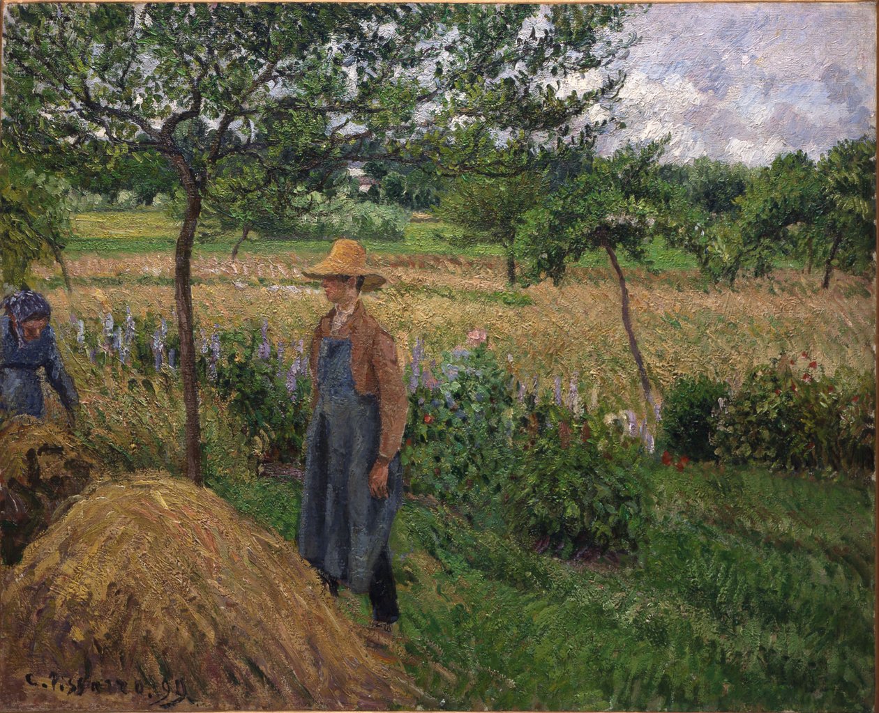 Jardineiro junto a um palheiro, céu nublado, Éragny de Camille Pissarro
