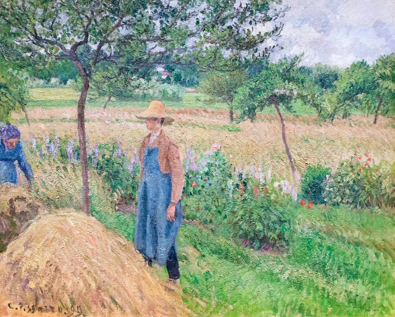 Jardineiro de pé junto a um palheiro, céu encoberto, Eragny de Camille Pissarro