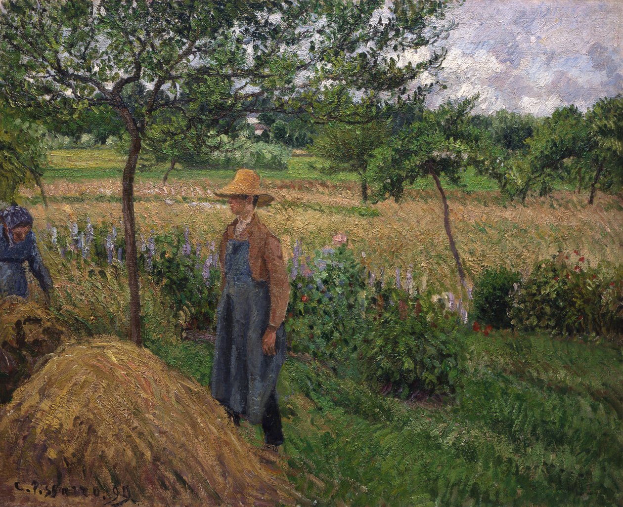 Jardineiro ao lado de um palheiro, céu nublado, Eragny, 1899. de Camille Pissarro