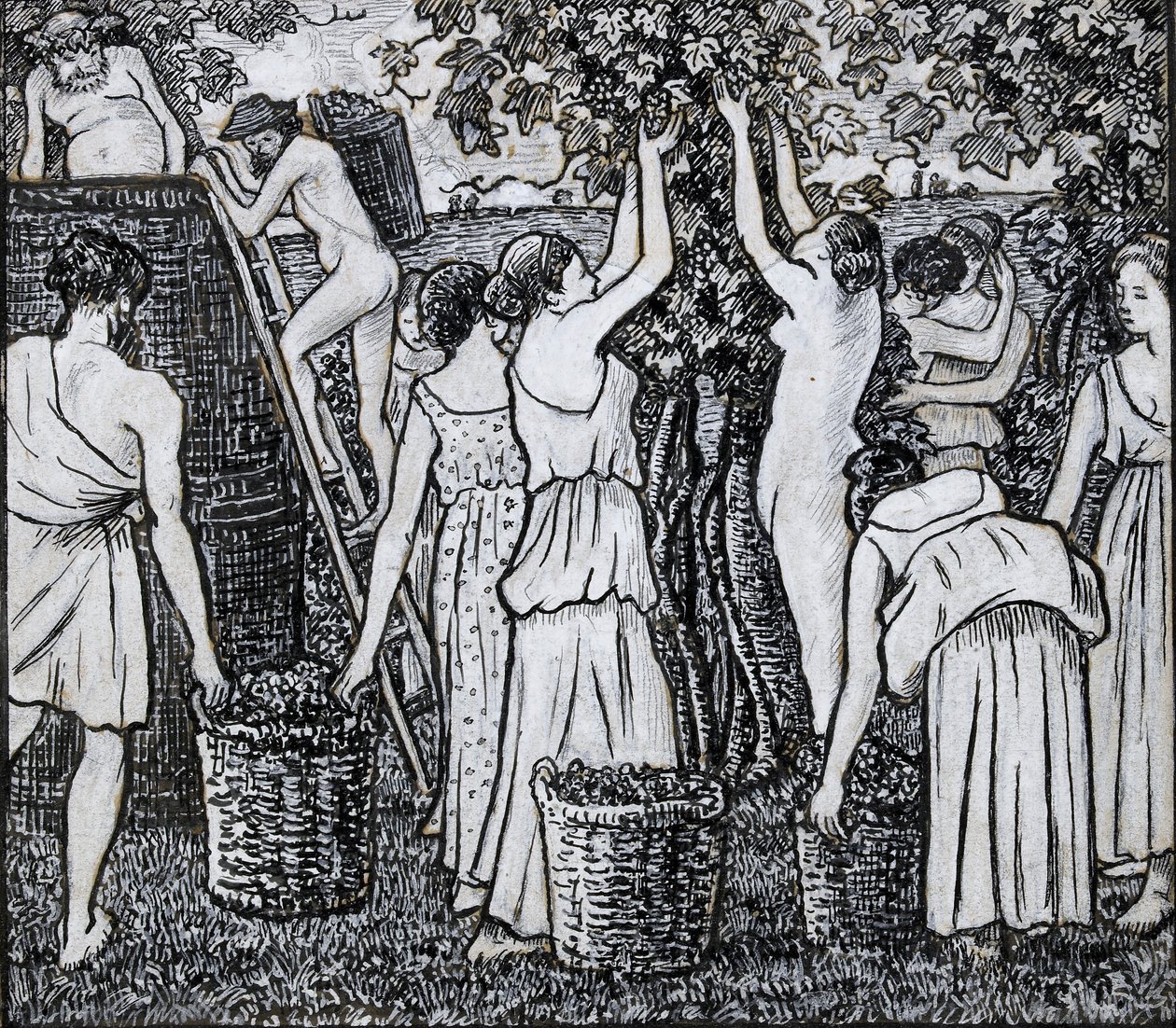 Colheita de uvas, estudo composicional para uma ilustração para 
