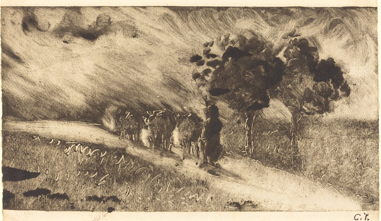 Pastorear as vacas ao entardecer de Camille Pissarro