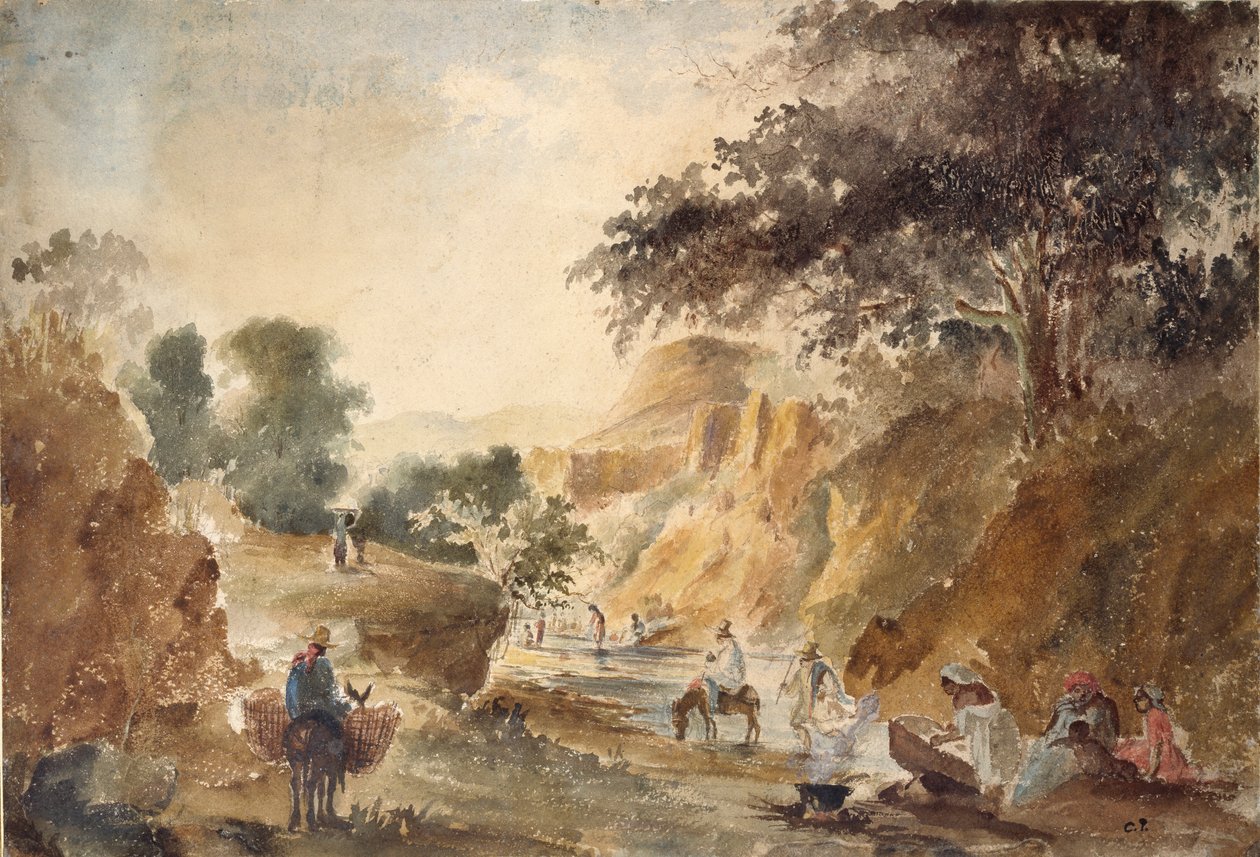 Paisagem com figuras à beira de um rio, 1853-1854 de Camille Pissarro