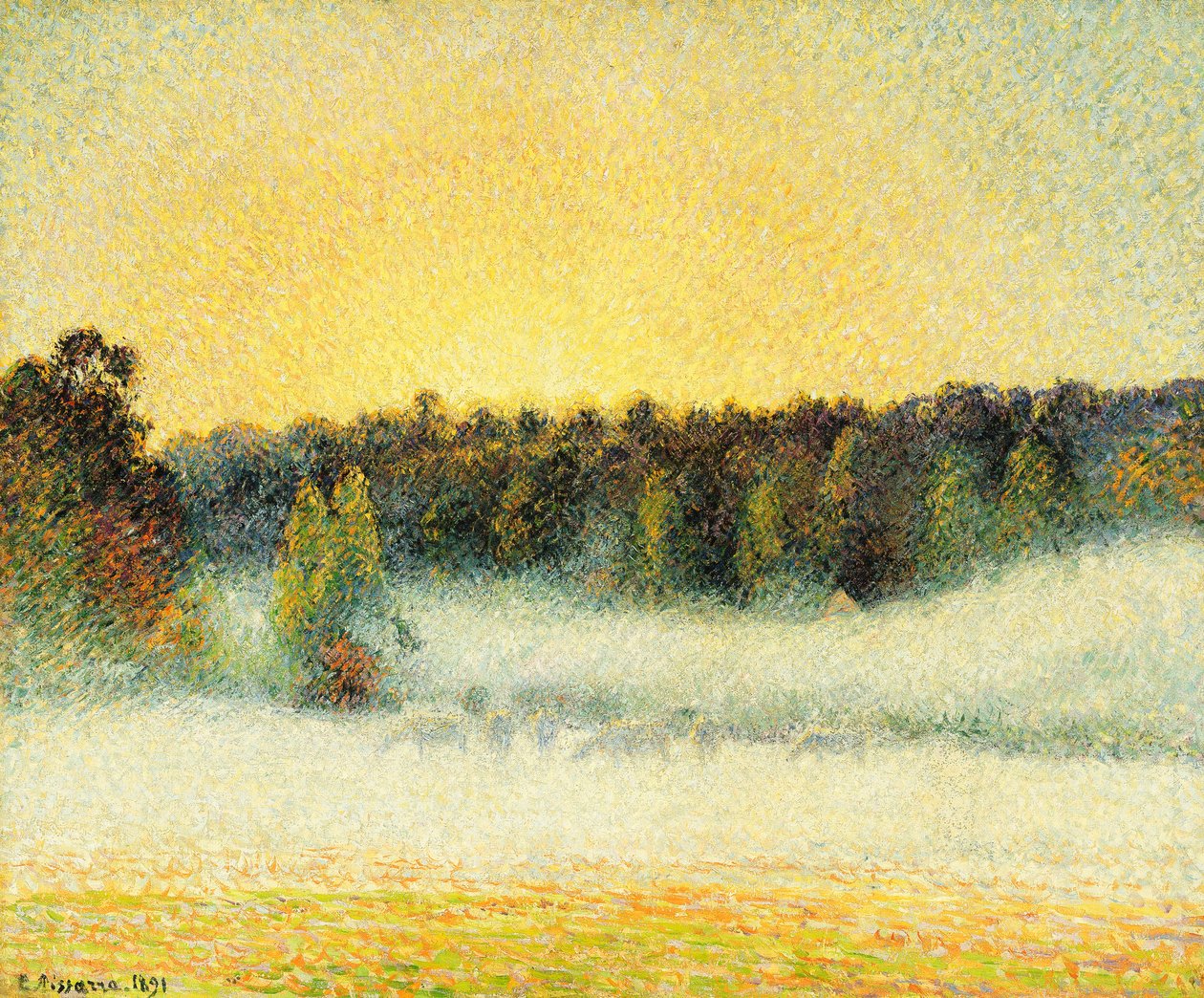 Misty Sunset em Eragny de Camille Jacob Pissarro