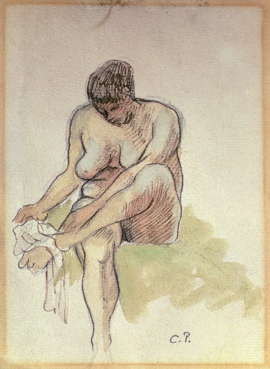 Mulher Nua Limpando o Pé Esquerdo (lápis, caneta e tinta sépia sobre papel) de Camille Pissarro