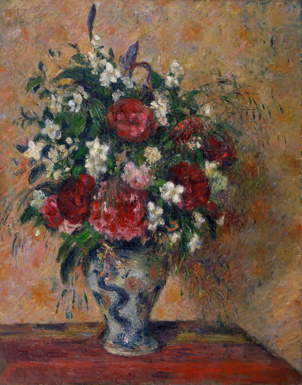 Natureza morta com peônias e laranja simulada - Pintura de Camille Pissaro (1830-1903), óleo sobre tela (81x64,5 cm) de Camille Pissarro