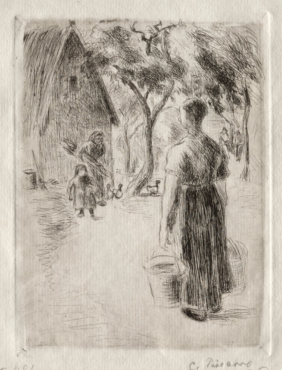 Mulher camponesa carregando baldes de Camille Pissarro