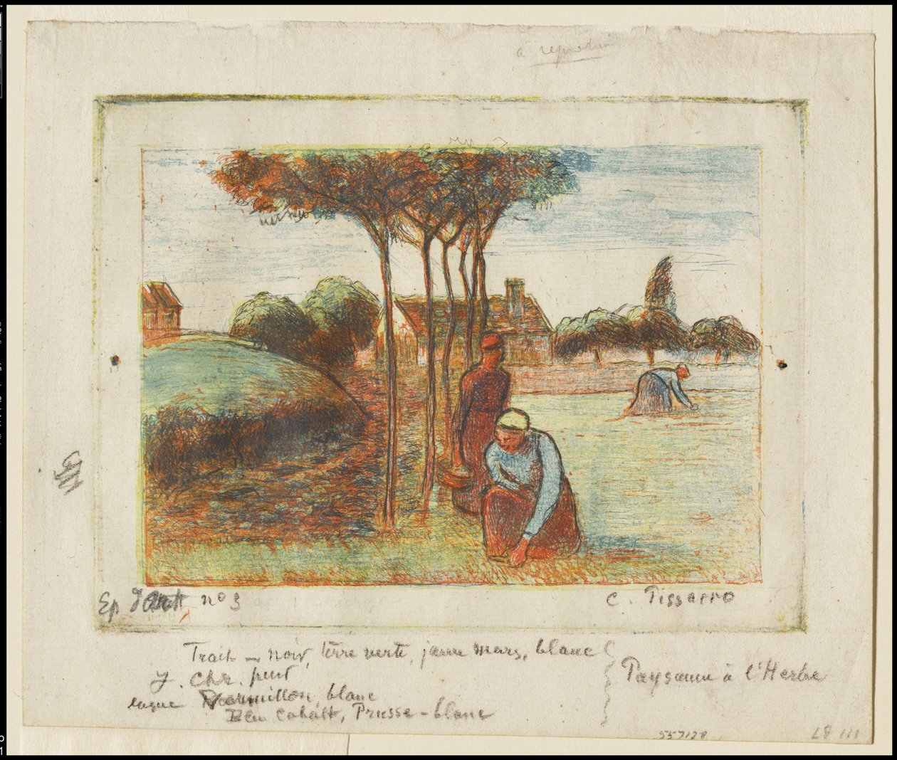 Mulheres Camponesas Removendo Ervas Daninhas, c.1894 (gravura impressa em azul, vermelho, amarelo e preto sobre papel creme) de Camille Jacob Pissarro