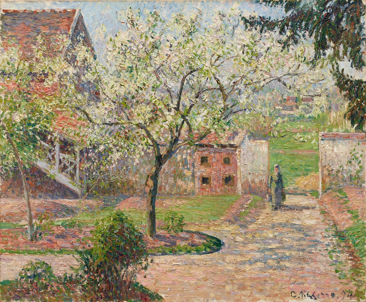 Ameixeiras em Blossom, Éragny. A Casa do Pintor, 1894. de Camille Pissarro
