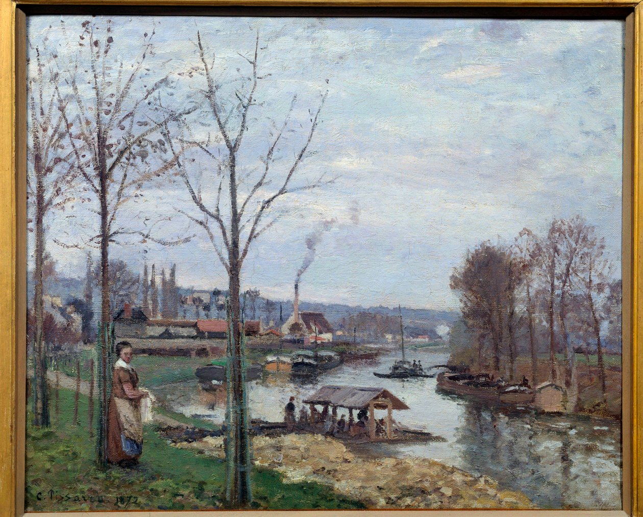 Port Marly (Port-Marly), a vista de um lavadouro no Sena. Pintura de Camille Pissarro (1830-1903) 1872 Sol. 0,46x0,56 m Paris, musee d
