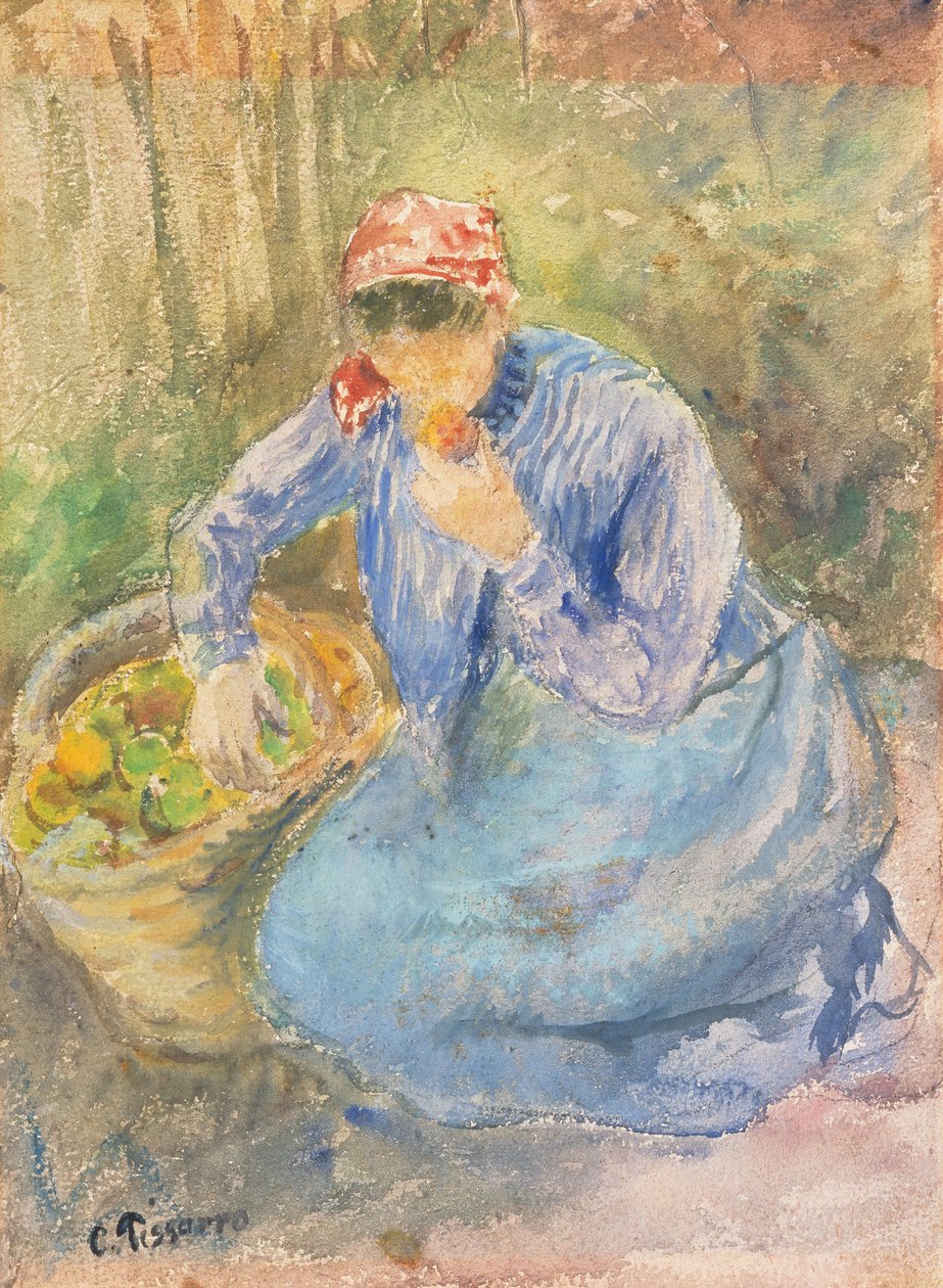 Mulher Camponesa Marinha com um Cesto de Maçãs (aguarela) de Camille Pissarro