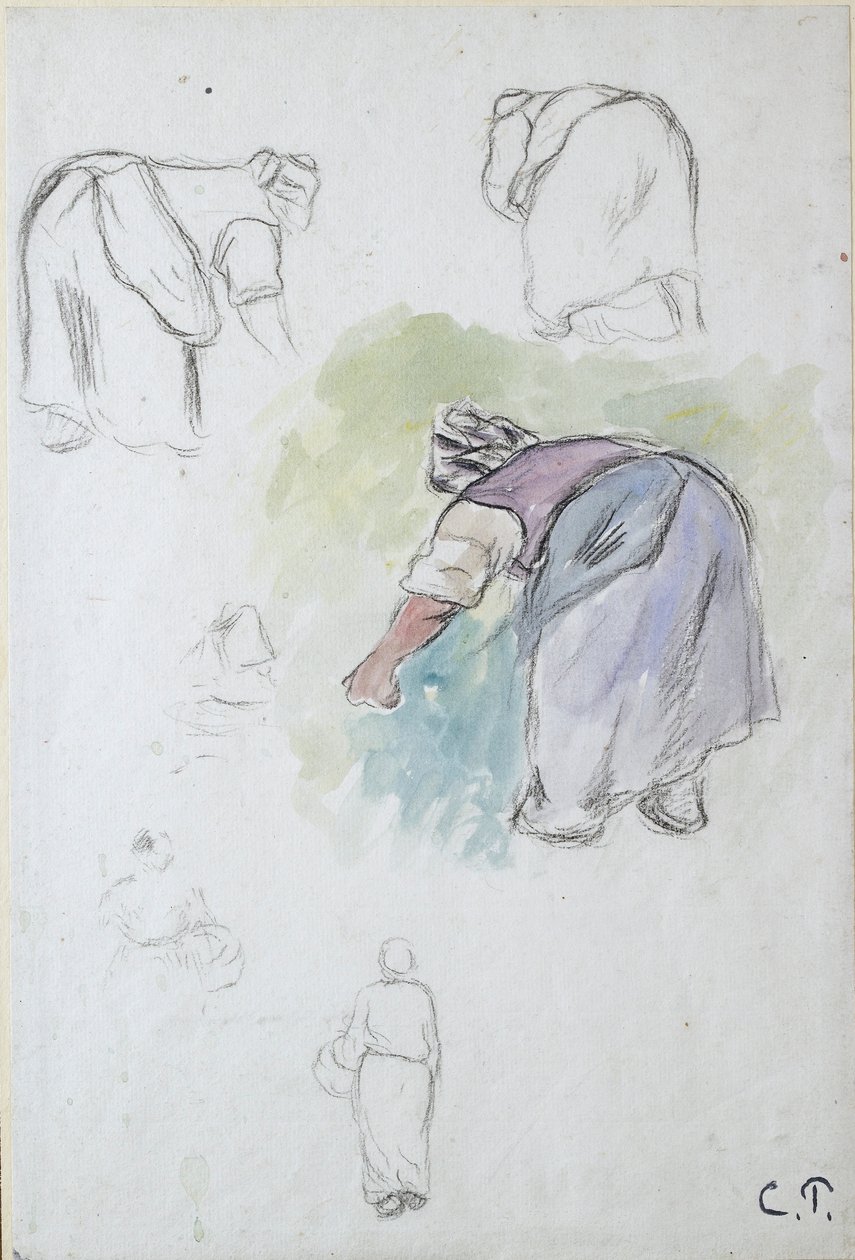 Folha de estudos: quatro estudos de flexão de uma camponesa, e dois estudos de uma mulher segurando uma base de Camille Pissarro