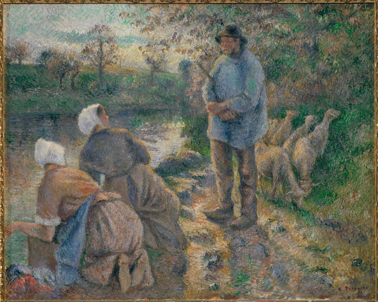 Pastor e lavadeiras (pintura sobre tela) de Camille Pissarro