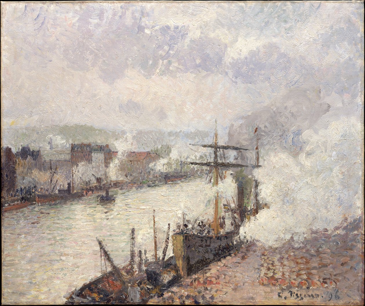 Barcos a vapor no porto de Rouen de Camille Pissarro