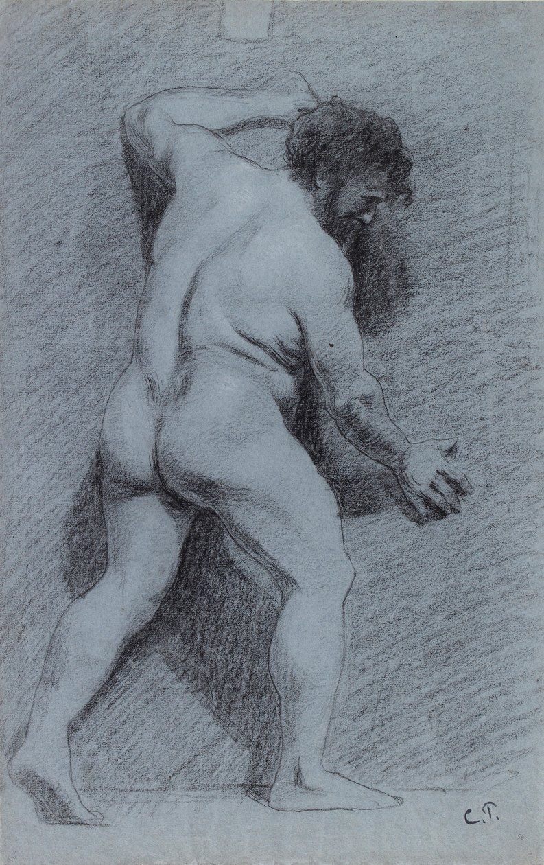 Estudo de um nu masculino posado contra uma parede visto de perfil à direita, 1856-1860 de Camille Pissarro