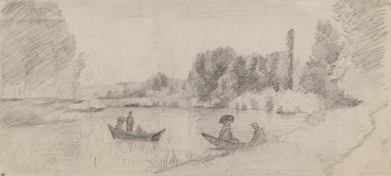 Estudo de uma paisagem fluvial com barcos, 1863-1864 de Camille Pissarro