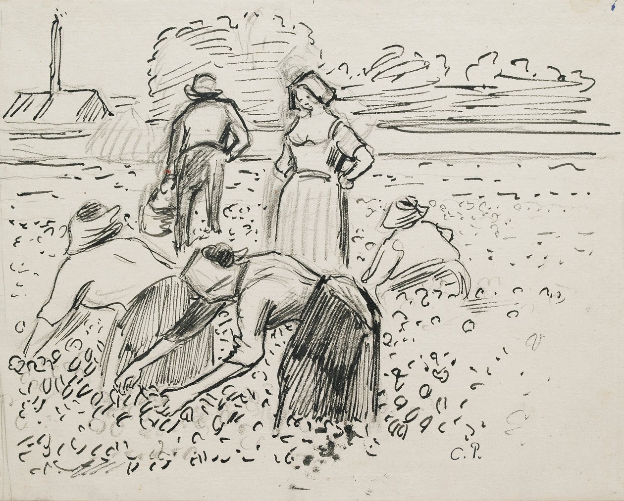 Estudo de cinco figuras camponesas trabalhando em um campo, 1887 de Camille Pissarro