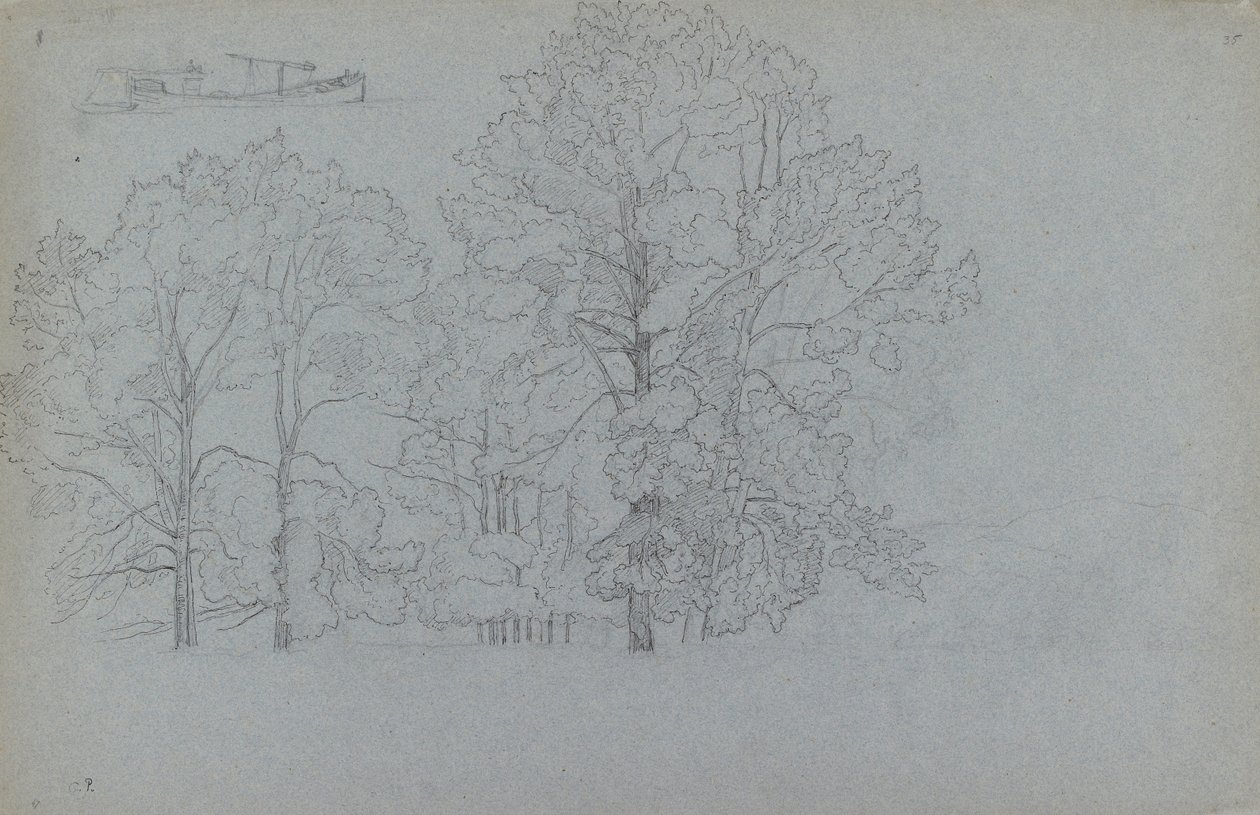 Estudo de árvores, com um ligeiro estudo de uma barcaça, 1859 de Camille Pissarro