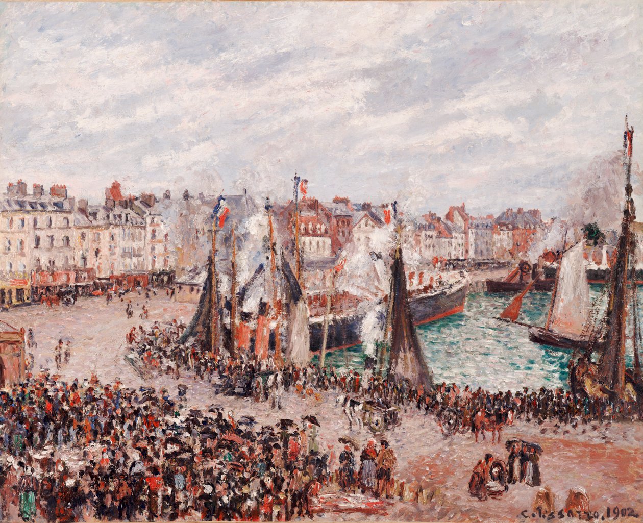 O Mercado do Peixe, Dieppe: Clima Cinzento, Manhã de Camille Pissarro