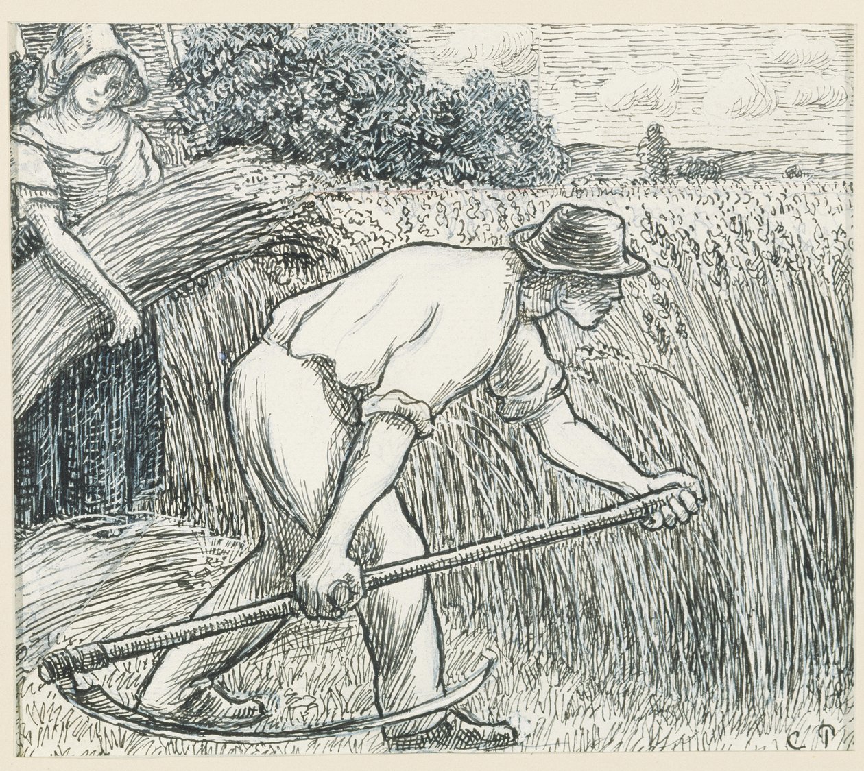 The Harvest, c.1895 (caneta e tinta com guache branco de chumbo no papel) de Camille Jacob Pissarro
