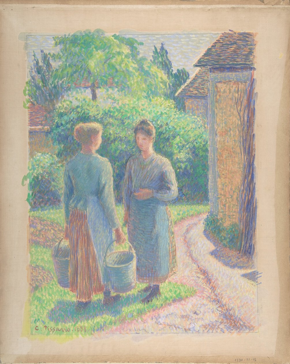 Duas mulheres em um jardim, 1888. de Camille Pissarro