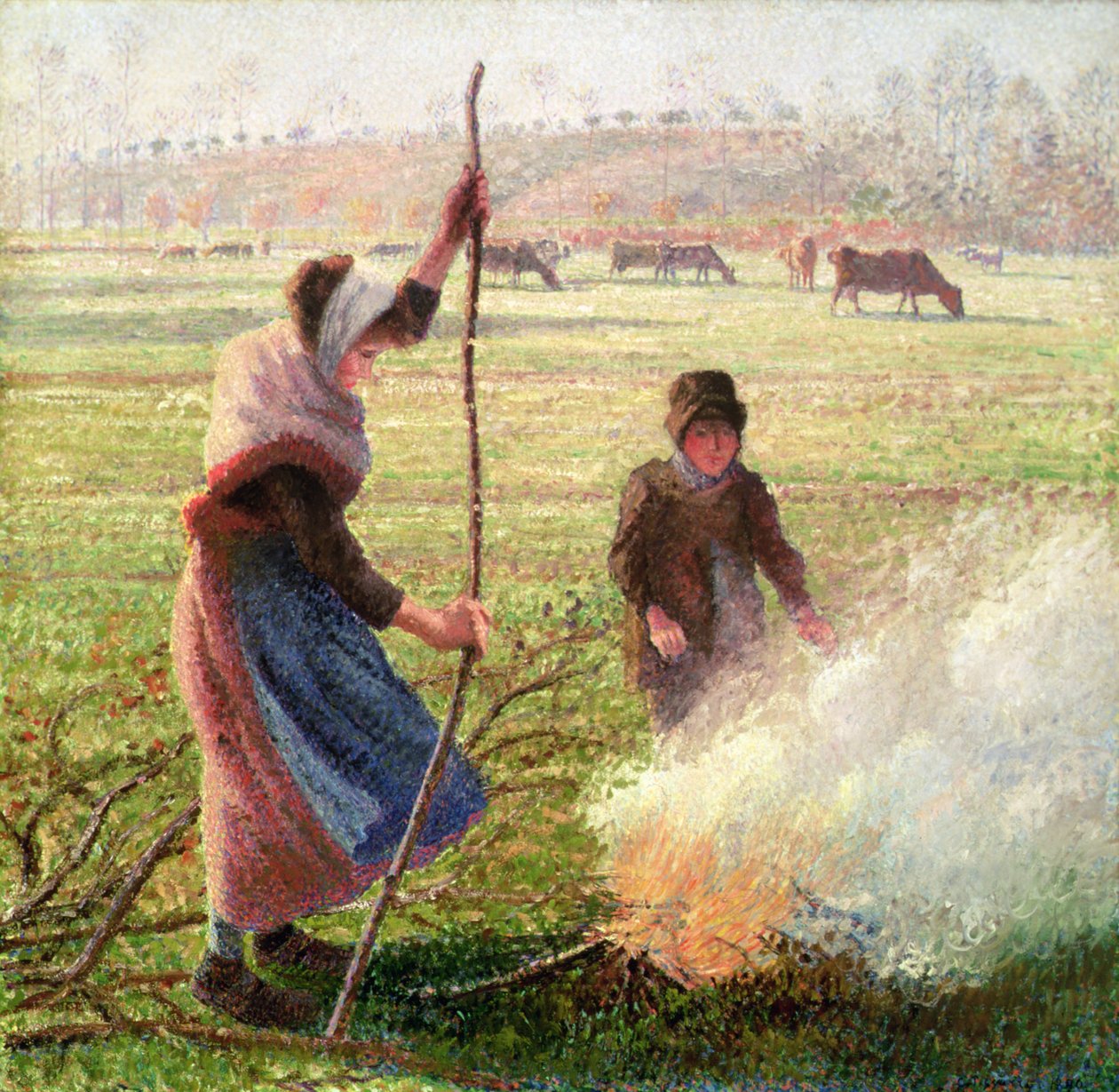 White Frost, mulher quebrando madeira de Camille Jacob Pissarro