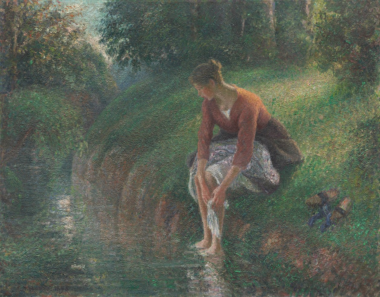 Mulher a banhar os pés num riacho de Camille Pissarro