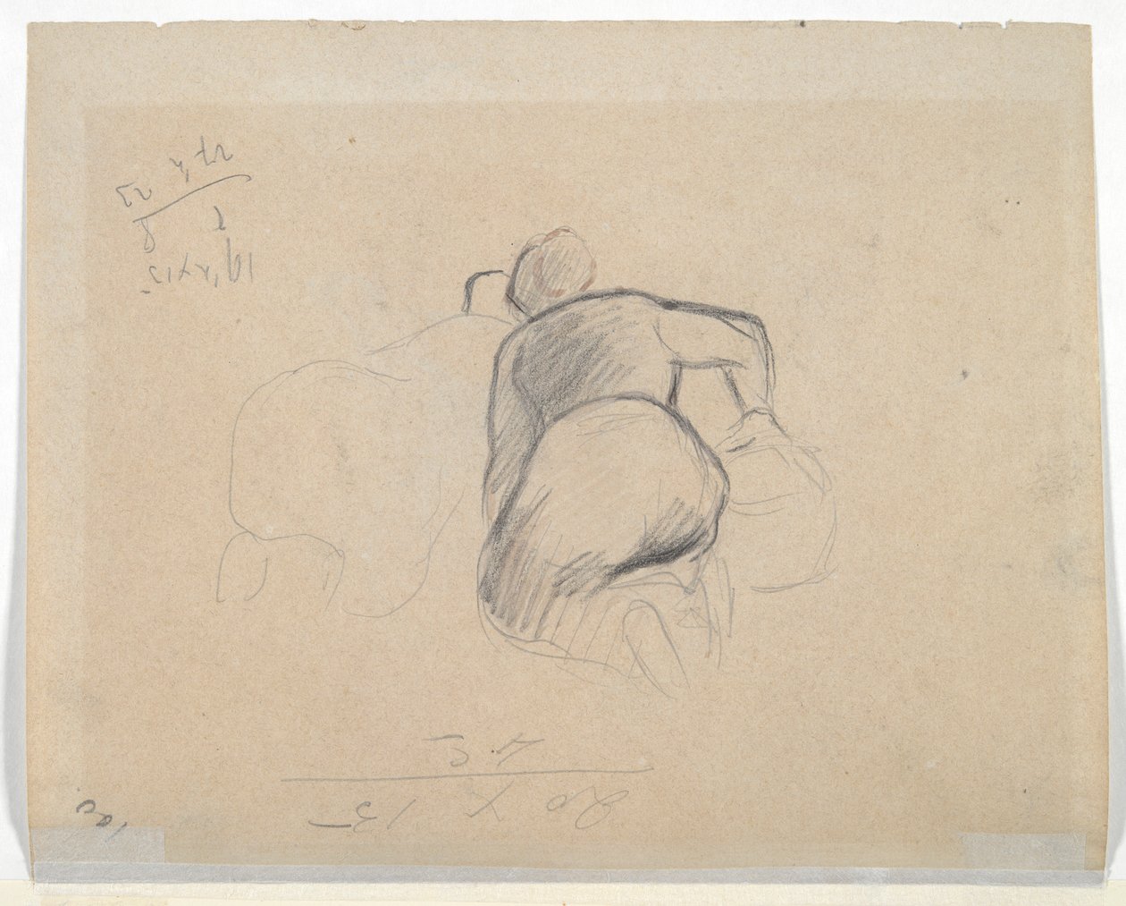 Mulher Ajoelhada (reto); Duas mulheres da fazenda ajoelhadas (verso) de Camille Pissarro