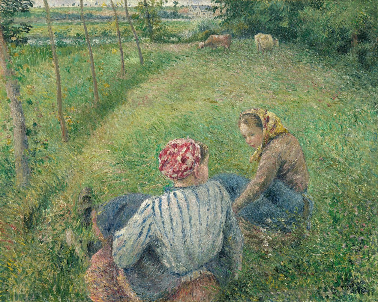 Jovens camponesas descansando nos campos perto de Pontoise, 1882. de Camille Pissarro