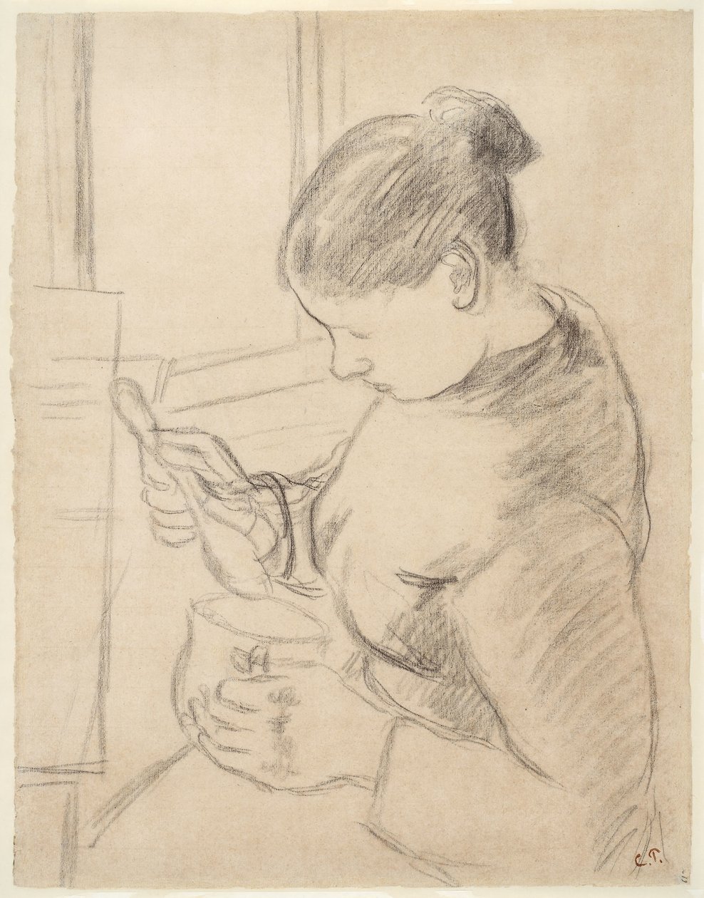 Jovem camponesa tomando seu café de Camille Pissarro