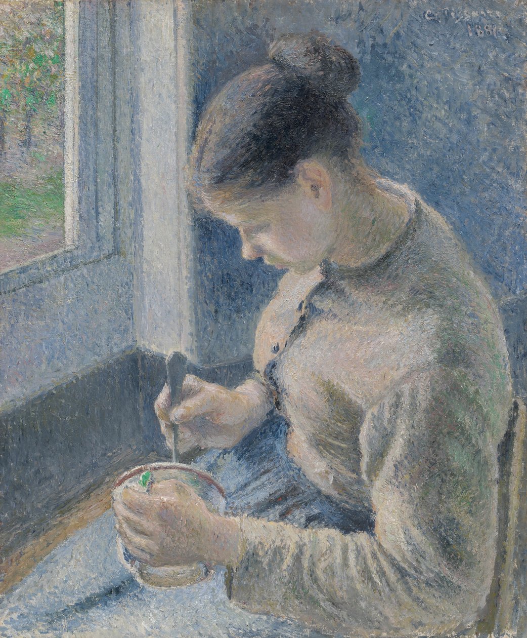Jovem camponesa a tomar o seu café de Camille Pissarro