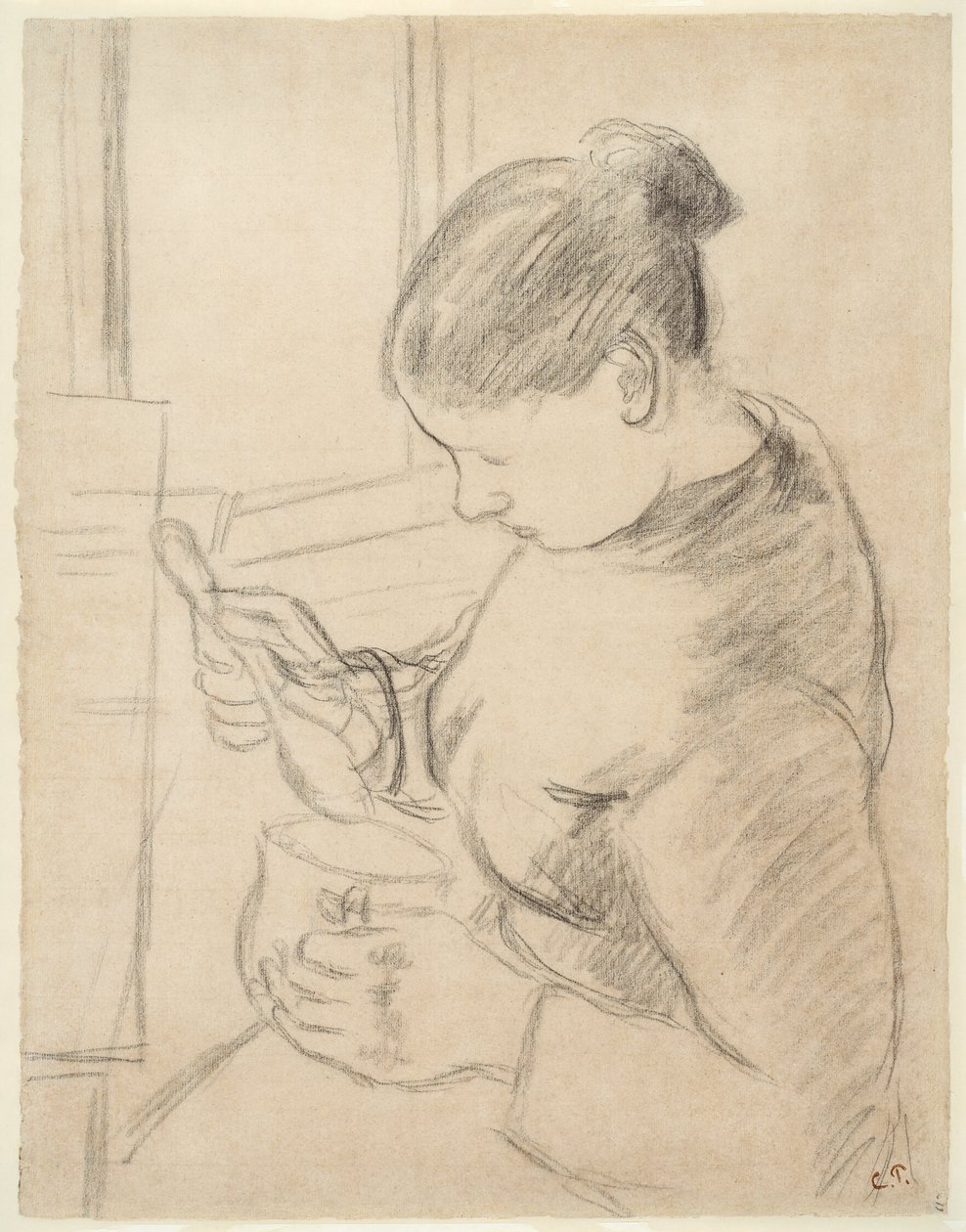 Jovem camponesa a tomar o seu café de Camille Pissarro