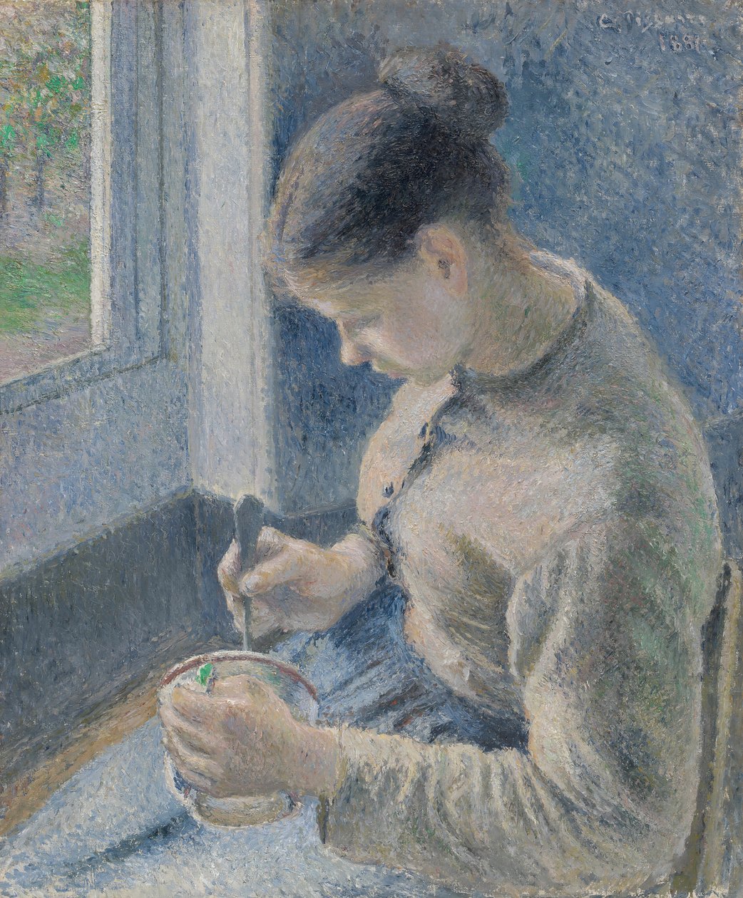 Jovem camponesa tomando seu café, 1881. de Camille Pissarro