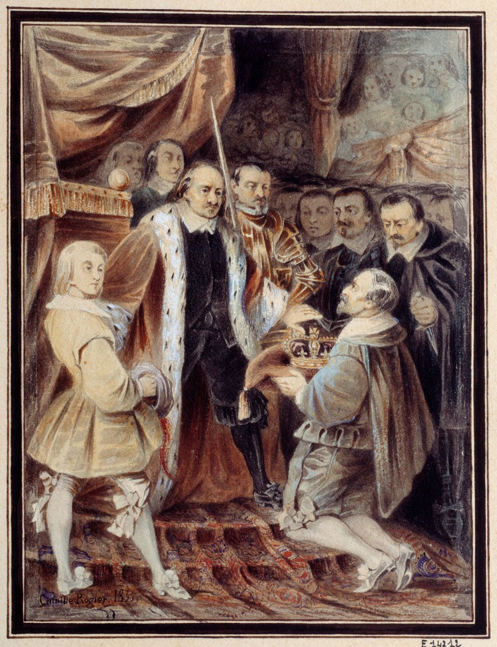Olivier Cromwell (1599-1658) recusando a coroa O Lorde Protector da República da Grã-Bretanha foi proposto a coroa pela Humble Petition e Avis (Novo Parlamento) em 1658. Aguarela por Camille Rogier (1810-1893) 1835 Paris, Maison Victor Hugo de Camille Rogier