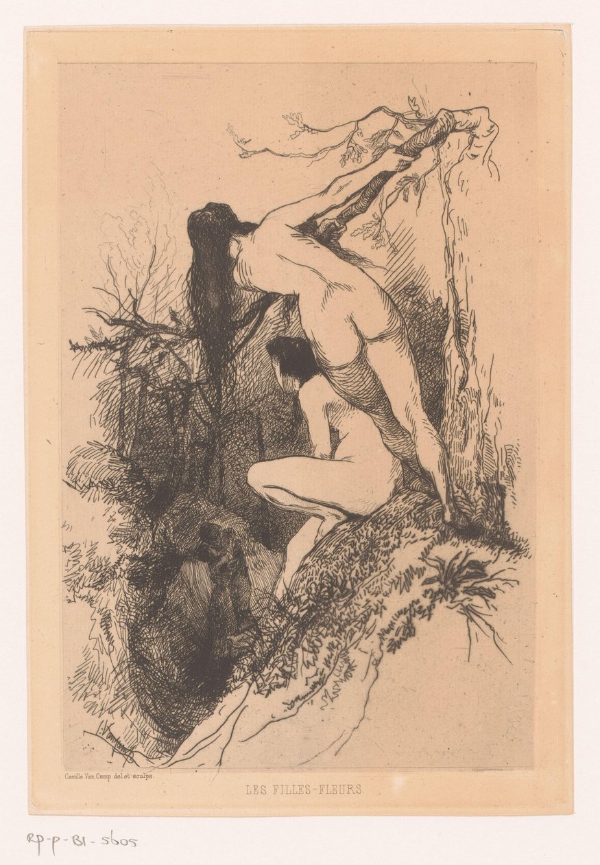 Duas mulheres nuas espiam um casal que se beija
Les filles-fleurs (título sobre o objecto) de Camille Van Camp