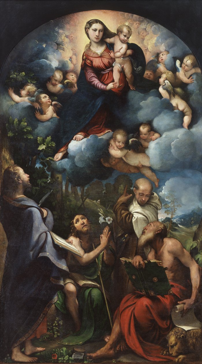 Madonna e Criança em Glória com São Bartolomeu, São João Batista, São Alberto e São Jerônimo de Camillo Boccaccino