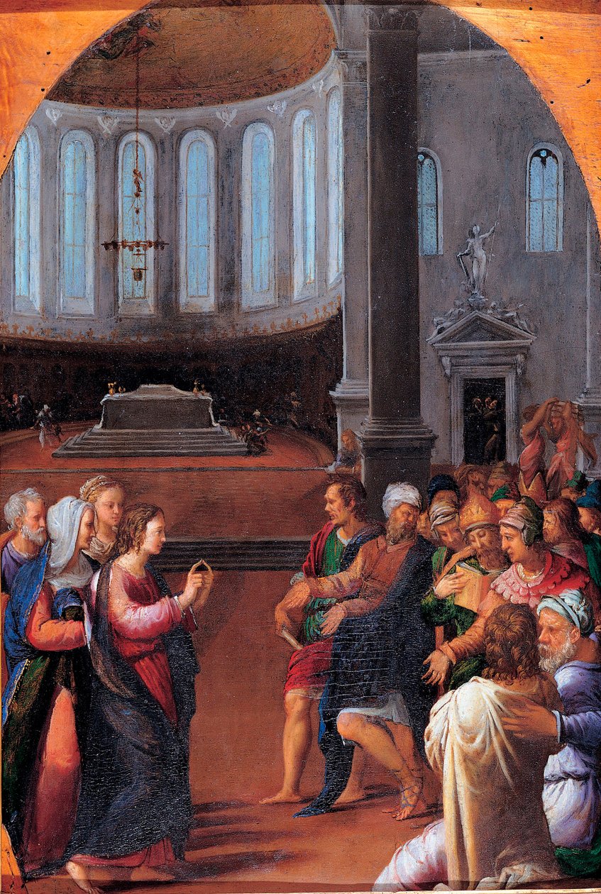 "Cristo entre os Doutores" (Cristo entre os Doutores) Pintura de Camillo Filippi (1500-1574) Óleo sobre madeira 1550 Dim 47x33 cm Musei Capitolini, Roma de Camillo Filippi