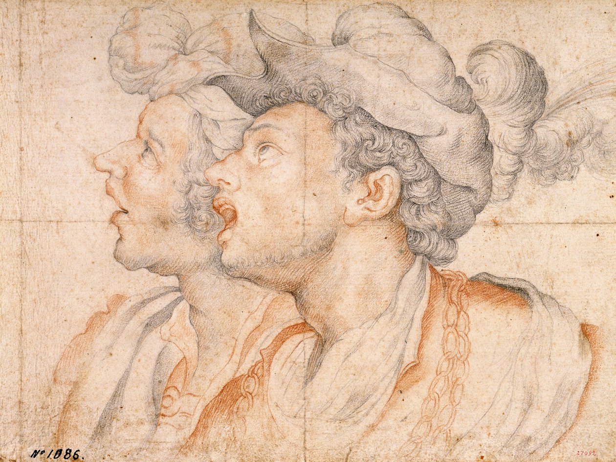 Duas Cabeças de Jovens - Obra de Camillo Procaccini (1561-1629), giz vermelho e giz sobre papel (20x27,2 cm), cerca de 1590 - Duas cabeças de jovens, giz vermelho e giz sobre papel de Camillo Procaccini, ca 1590 - Museu Nacional de Arte da Catalunha, Barce de Camillo Procaccini